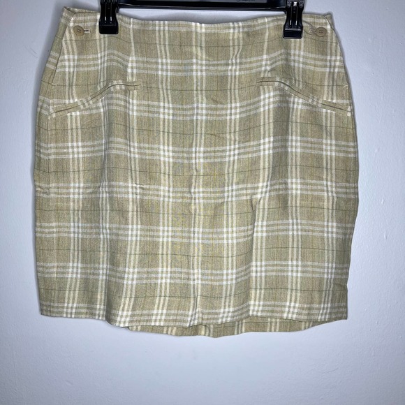 Anne Klein A-Line Skirt 16 Linen Blend Tan & White Plaid Above Knee Mini Womens - Picture 1 of 4